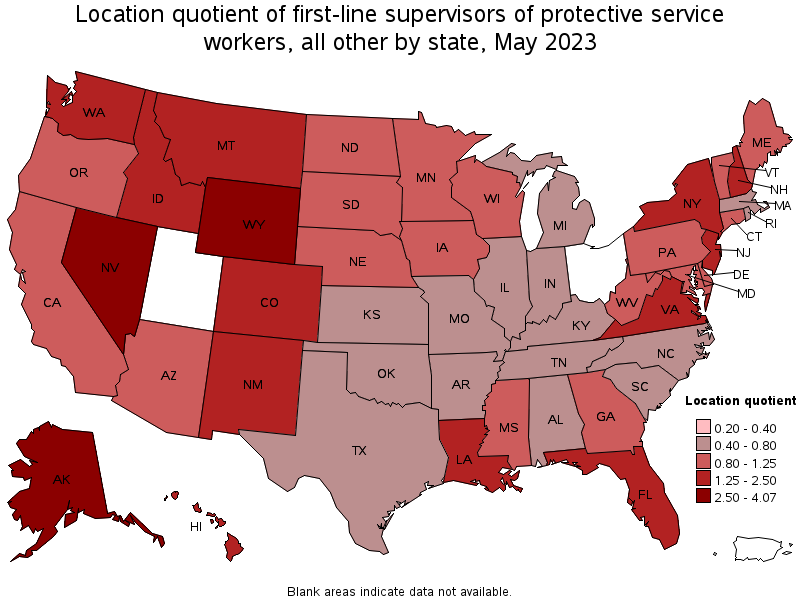 Map of location quotient of first-line supervisors of protective service workers, all other by state, May 2023
