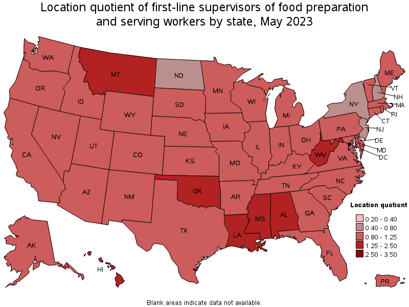Map of location quotient of first-line supervisors of food preparation and serving workers by state, May 2023