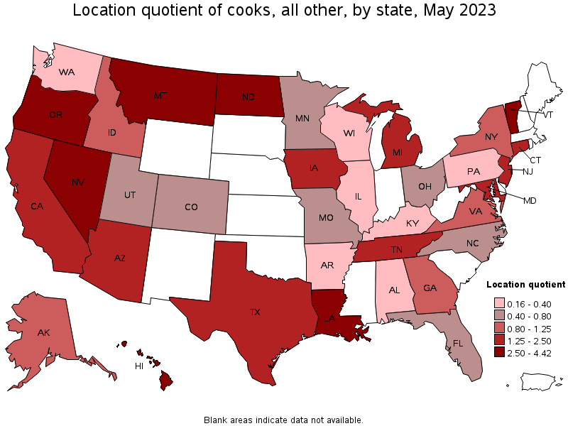 Map of location quotient of cooks, all other by state, May 2023