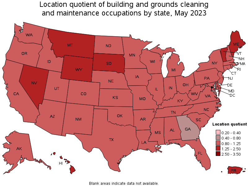 Map of location quotient of building and grounds cleaning and maintenance occupations by state, May 2023