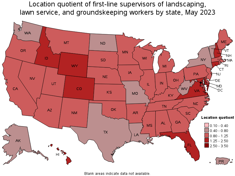 Map of location quotient of first-line supervisors of landscaping, lawn service, and groundskeeping workers by state, May 2023
