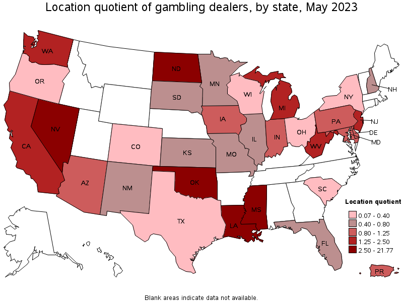 Map of location quotient of gambling dealers by state, May 2023