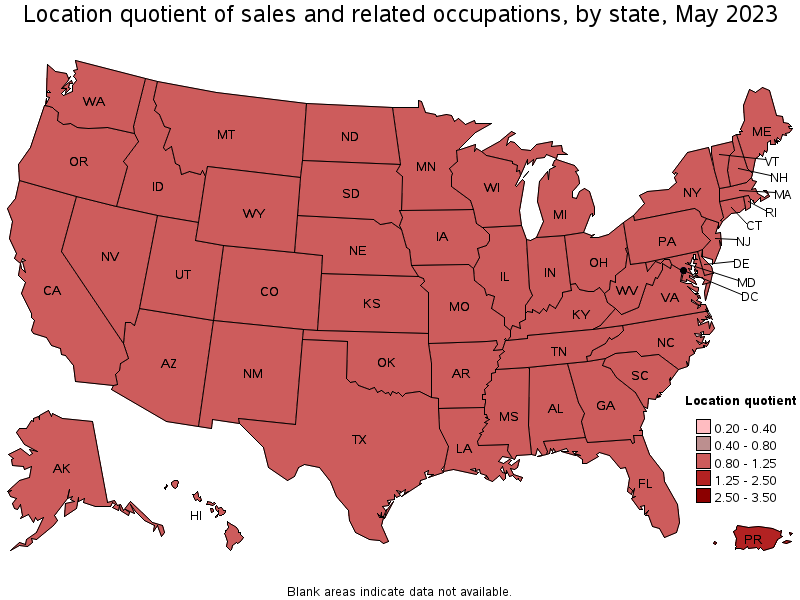Map of location quotient of sales and related occupations by state, May 2023