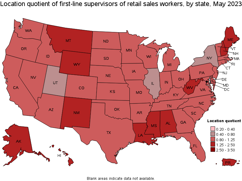 Map of location quotient of first-line supervisors of retail sales workers by state, May 2023