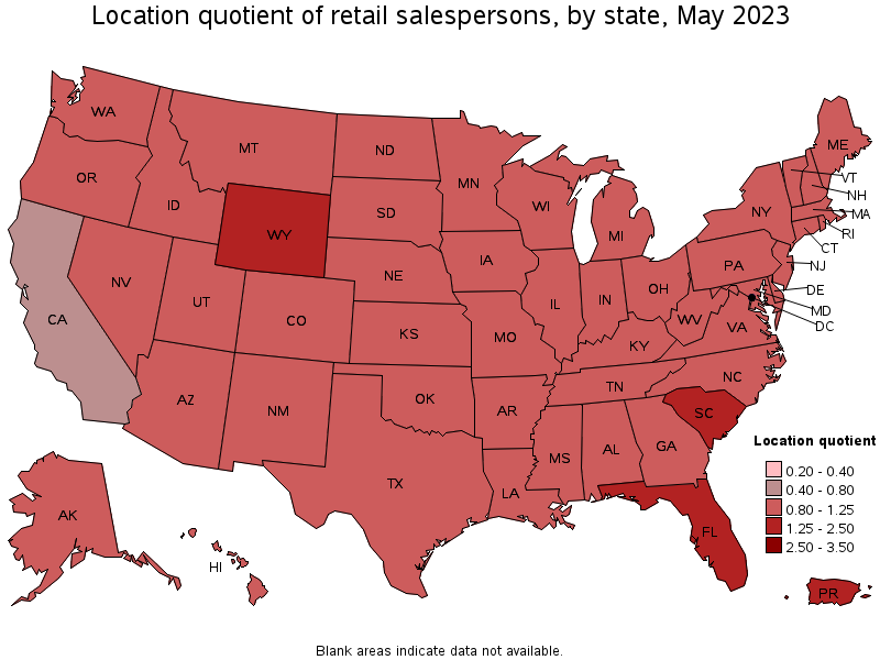 Map of location quotient of retail salespersons by state, May 2023