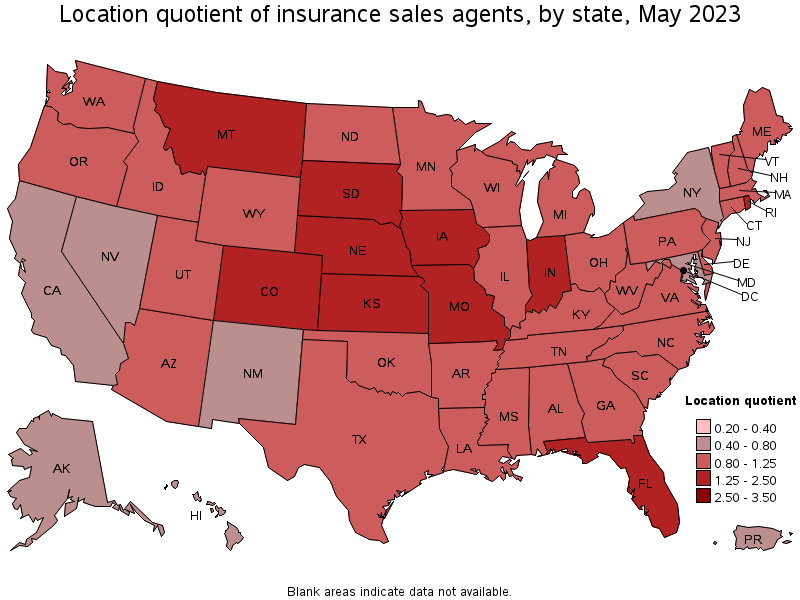 Map of location quotient of insurance sales agents by state, May 2023