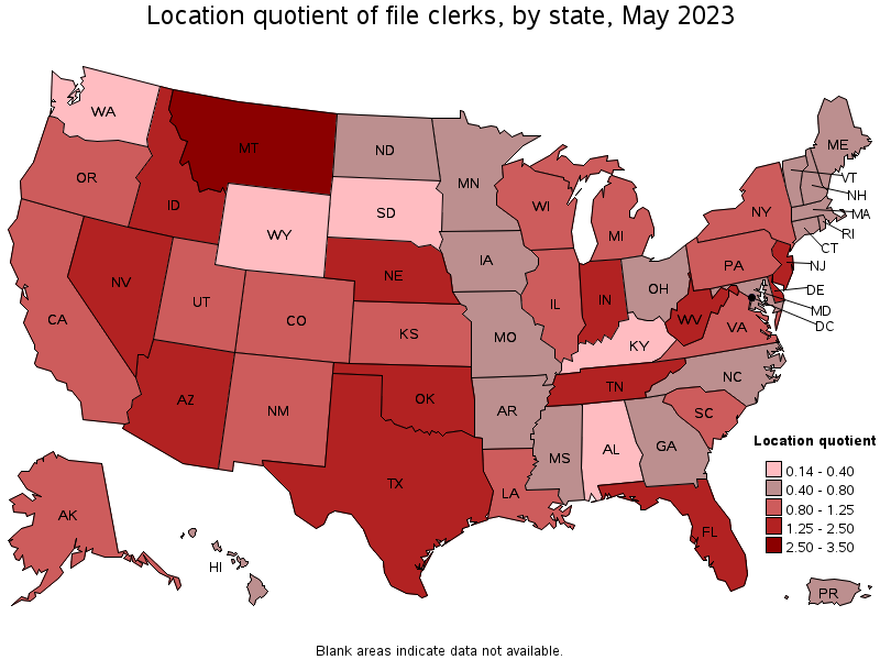 Map of location quotient of file clerks by state, May 2023