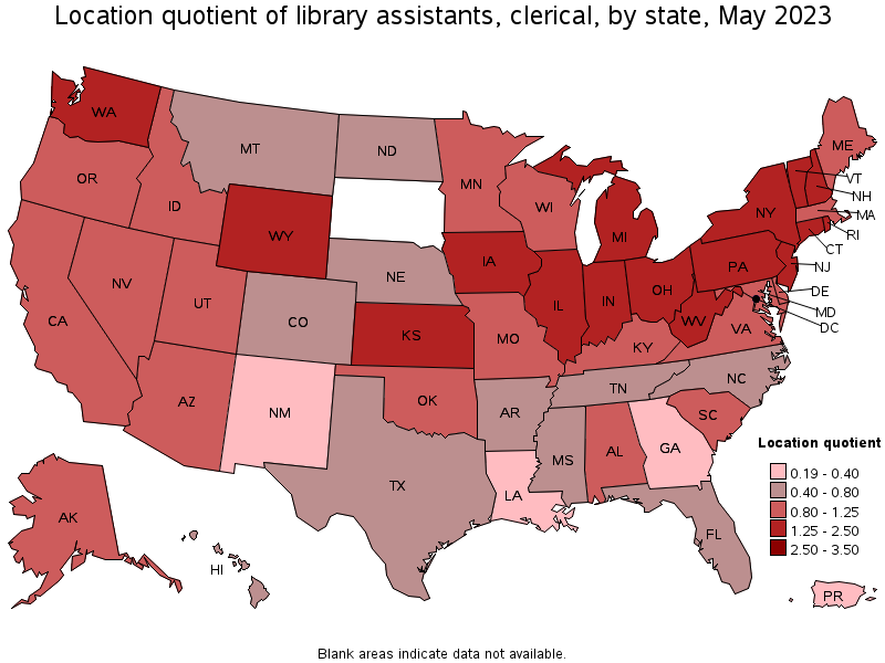 Map of location quotient of library assistants, clerical by state, May 2023