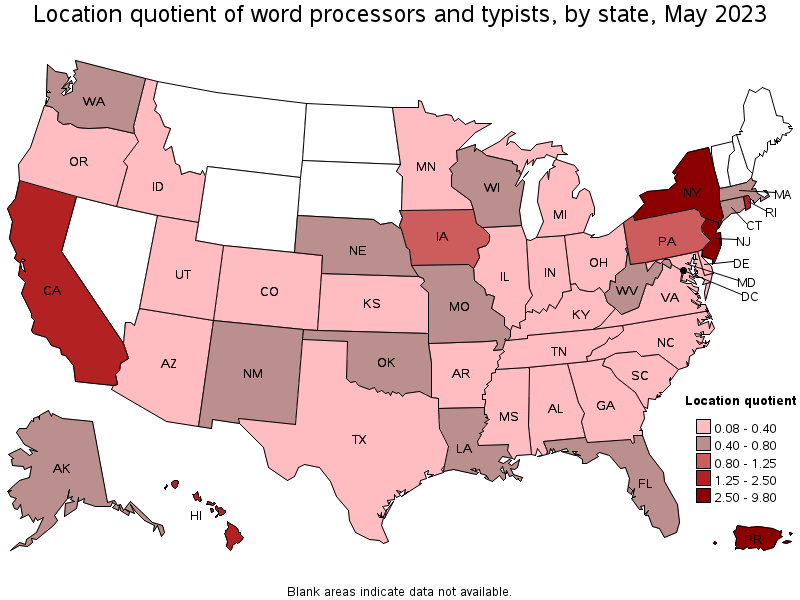 Map of location quotient of word processors and typists by state, May 2023