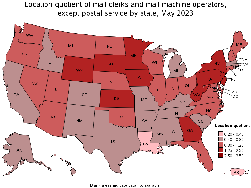 Map of location quotient of mail clerks and mail machine operators, except postal service by state, May 2023
