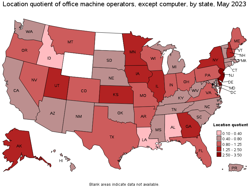 Map of location quotient of office machine operators, except computer by state, May 2023