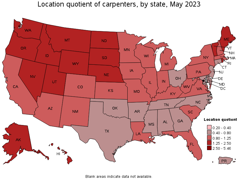 Map of location quotient of carpenters by state, May 2023