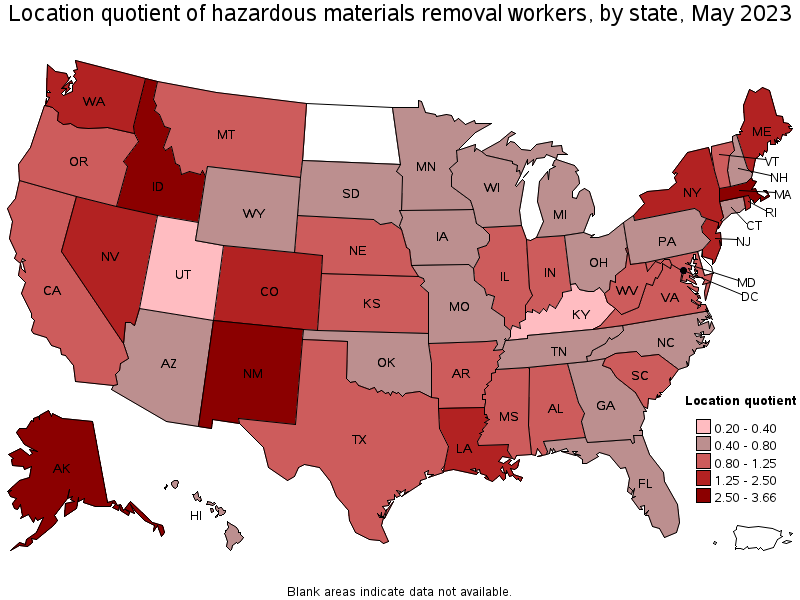 Map of location quotient of hazardous materials removal workers by state, May 2023