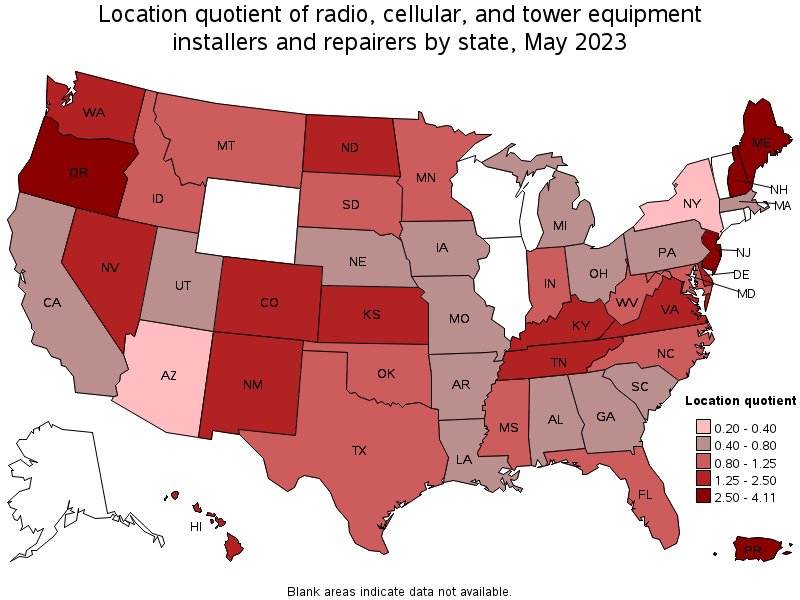 Map of location quotient of radio, cellular, and tower equipment installers and repairers by state, May 2023