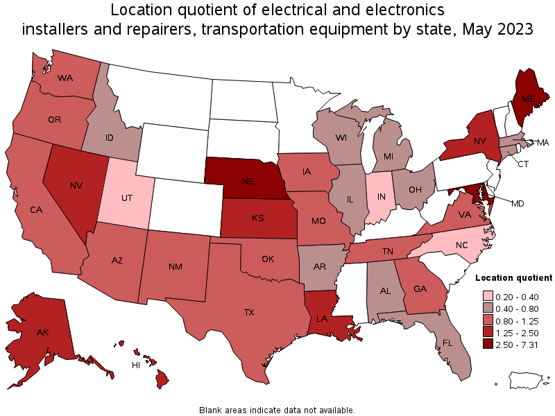 Map of location quotient of electrical and electronics installers and repairers, transportation equipment by state, May 2023