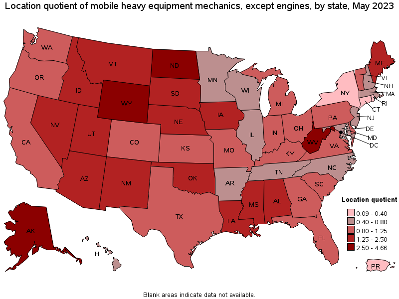Map of location quotient of mobile heavy equipment mechanics, except engines by state, May 2023
