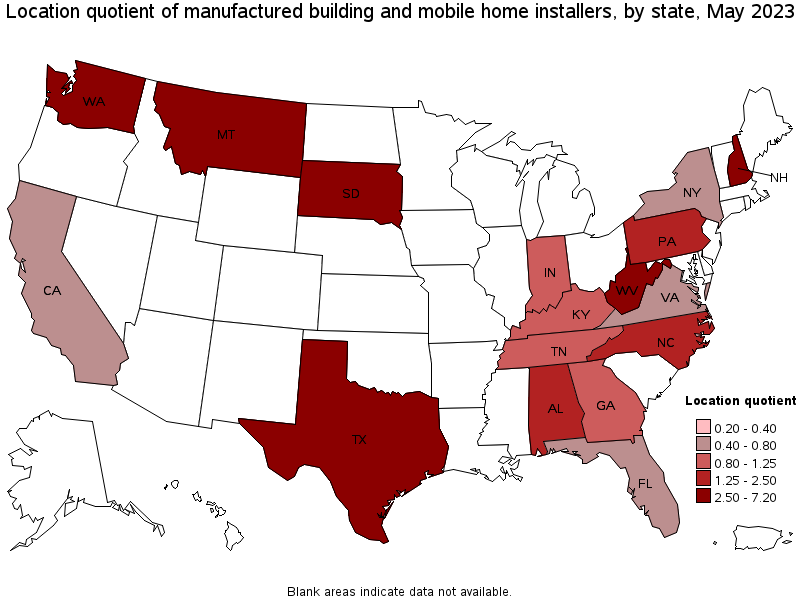 Map of location quotient of manufactured building and mobile home installers by state, May 2023