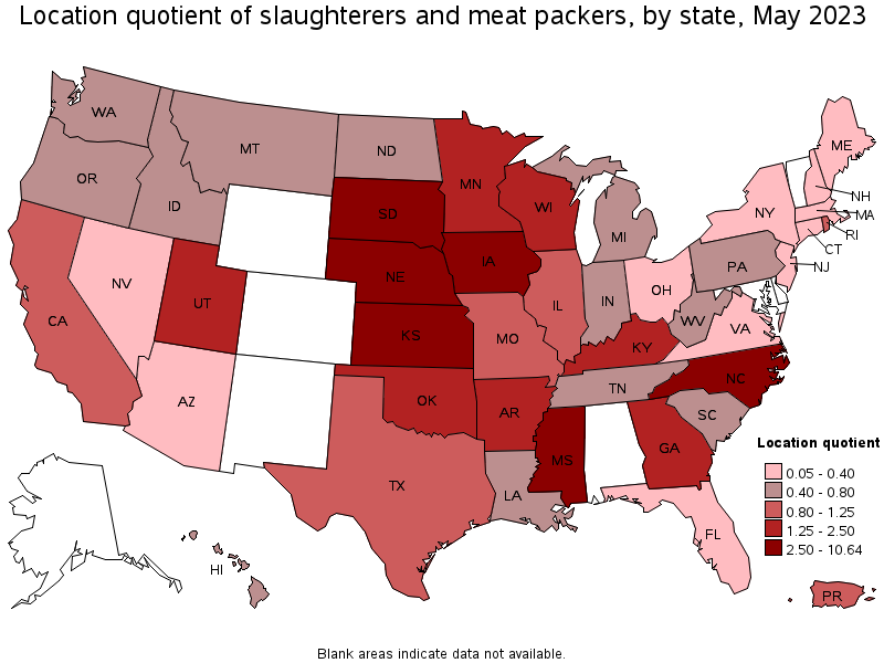 Map of location quotient of slaughterers and meat packers by state, May 2023