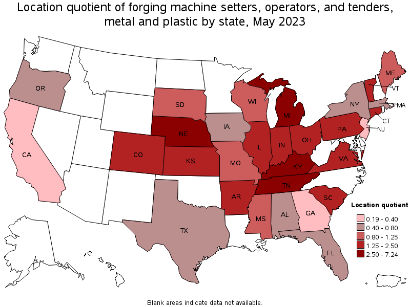 Map of location quotient of forging machine setters, operators, and tenders, metal and plastic by state, May 2023
