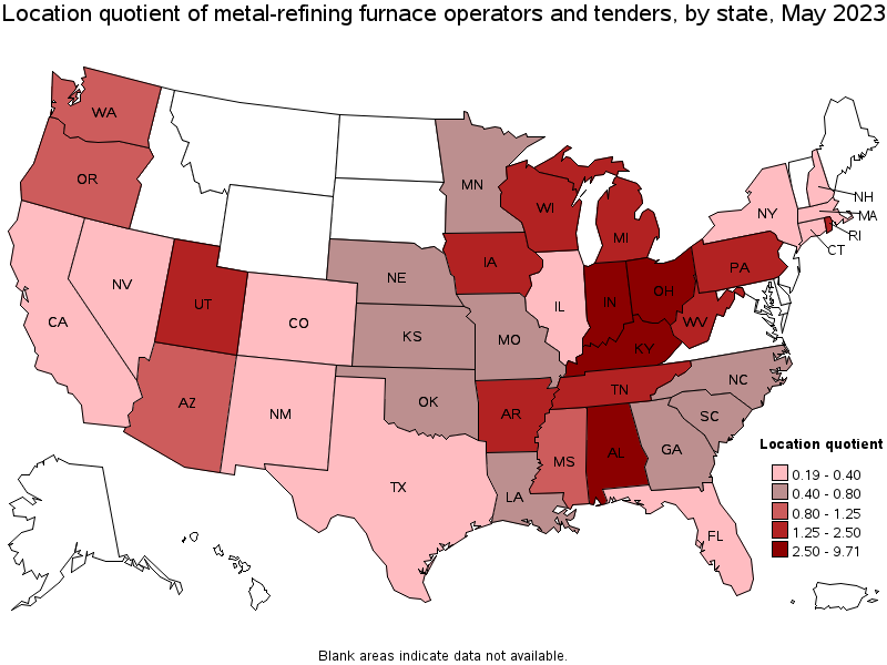 Map of location quotient of metal-refining furnace operators and tenders by state, May 2023