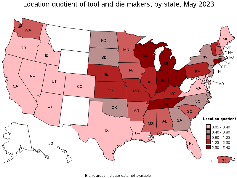 Map of location quotient of tool and die makers by state, May 2023