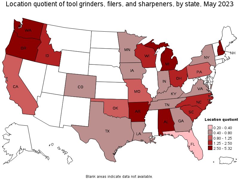 Map of location quotient of tool grinders, filers, and sharpeners by state, May 2023