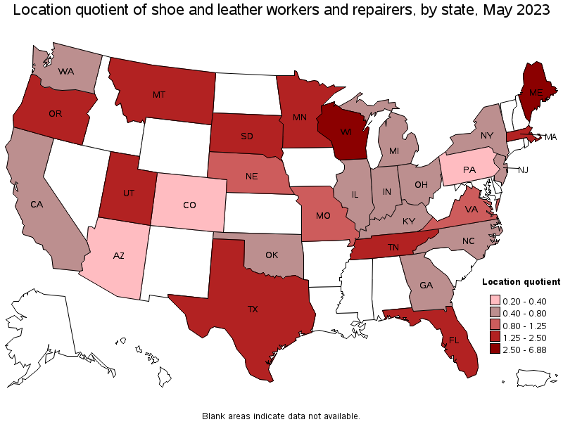 Map of location quotient of shoe and leather workers and repairers by state, May 2023