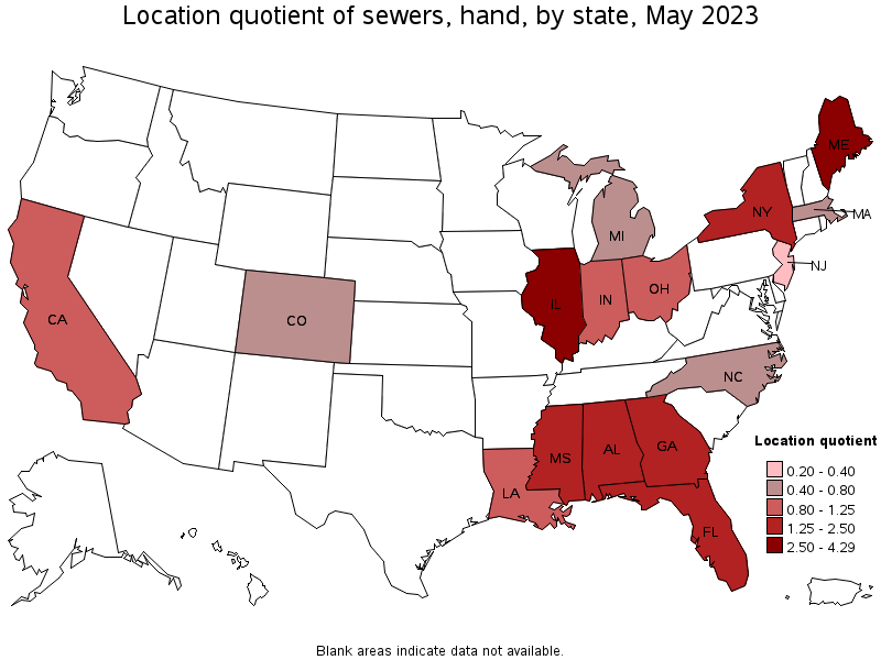 Map of location quotient of sewers, hand by state, May 2023