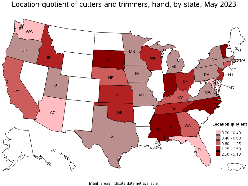 Map of location quotient of cutters and trimmers, hand by state, May 2023