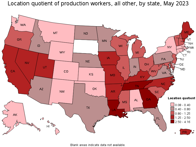 Map of location quotient of production workers, all other by state, May 2023