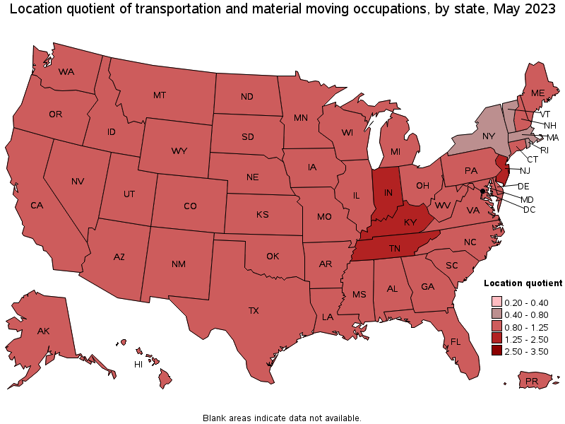 Map of location quotient of transportation and material moving occupations by state, May 2023