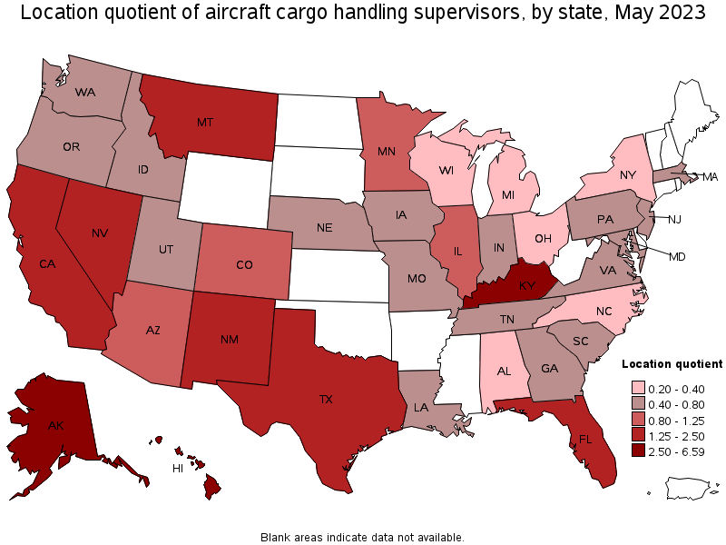 Map of location quotient of aircraft cargo handling supervisors by state, May 2023