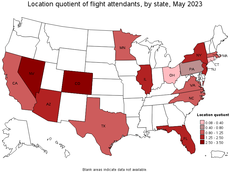 Map of location quotient of flight attendants by state, May 2023