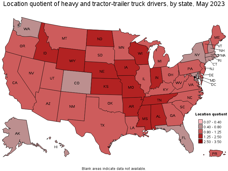 Map of location quotient of heavy and tractor-trailer truck drivers by state, May 2023