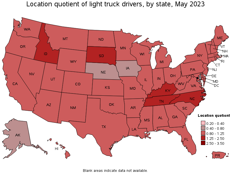 Map of location quotient of light truck drivers by state, May 2023