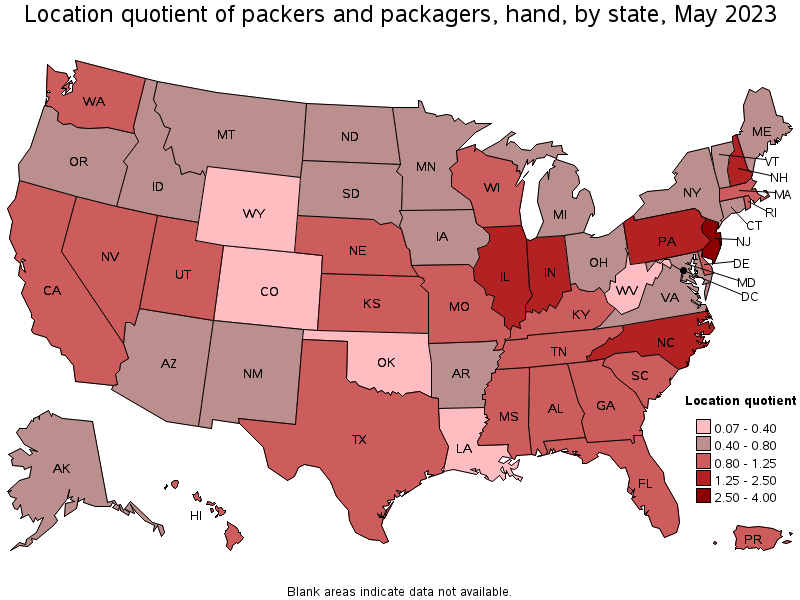 Map of location quotient of packers and packagers, hand by state, May 2023