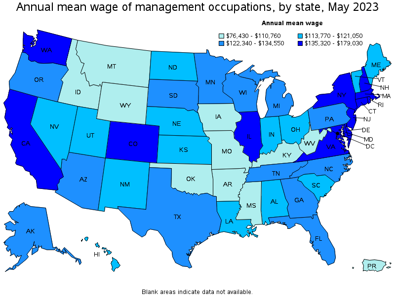 Map of annual mean wages of management occupations by state, May 2023