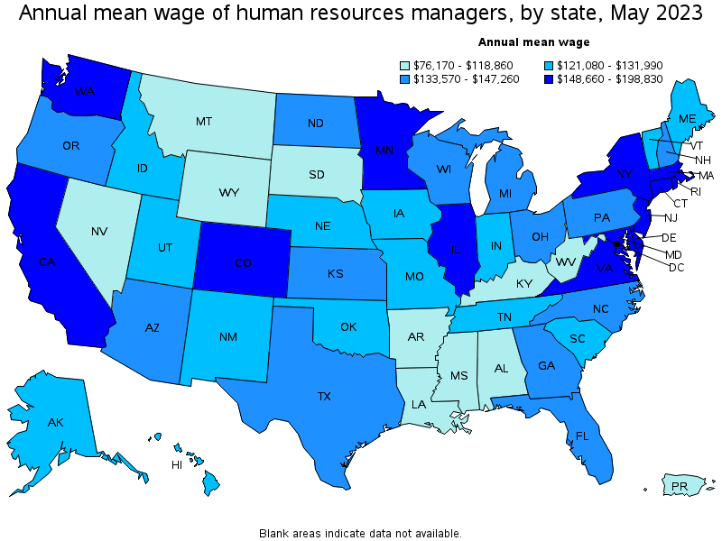 Map of annual mean wages of human resources managers by state, May 2023