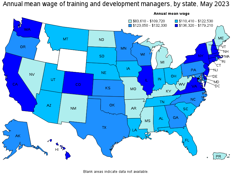 Map of annual mean wages of training and development managers by state, May 2023