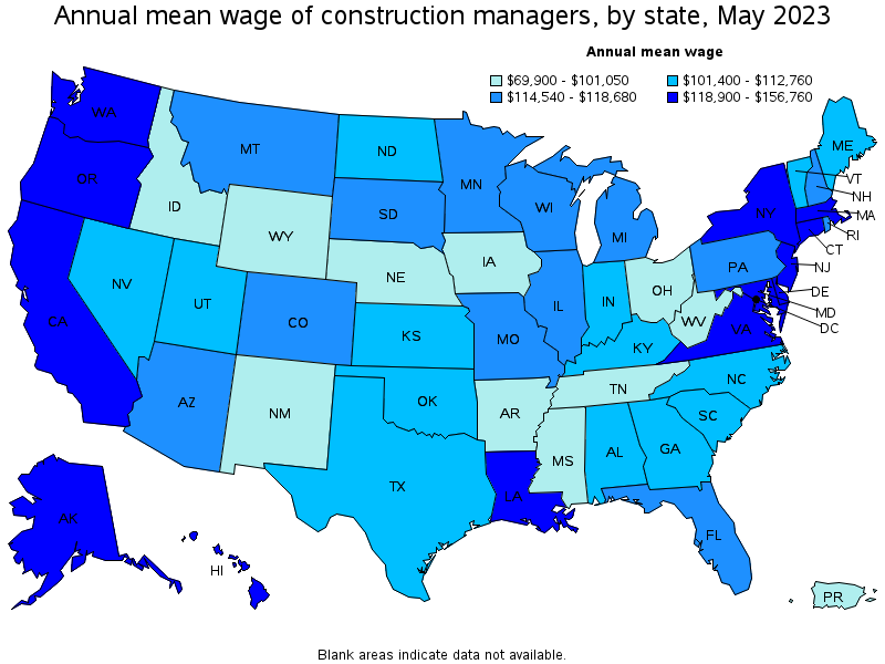 Map of annual mean wages of construction managers by state, May 2023