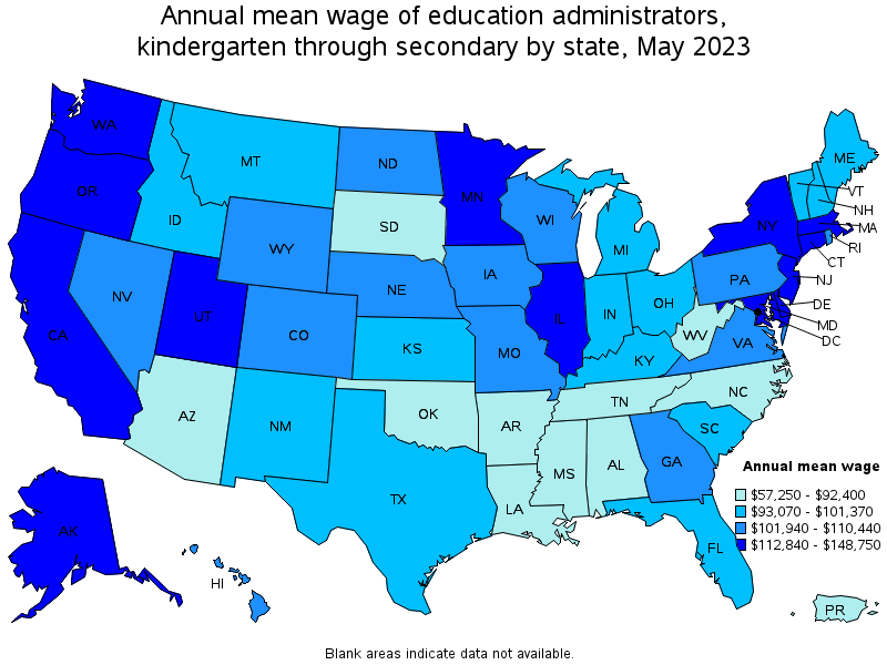 Map of annual mean wages of education administrators, kindergarten through secondary by state, May 2023