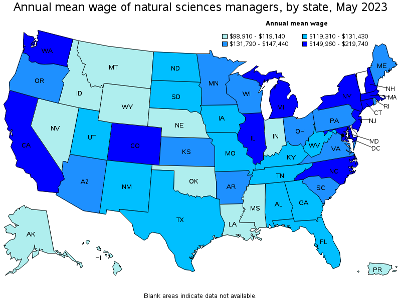 Map of annual mean wages of natural sciences managers by state, May 2023
