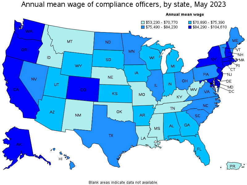Map of annual mean wages of compliance officers by state, May 2023