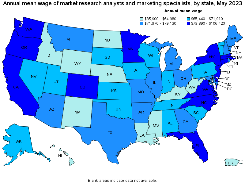 Map of annual mean wages of market research analysts and marketing specialists by state, May 2023