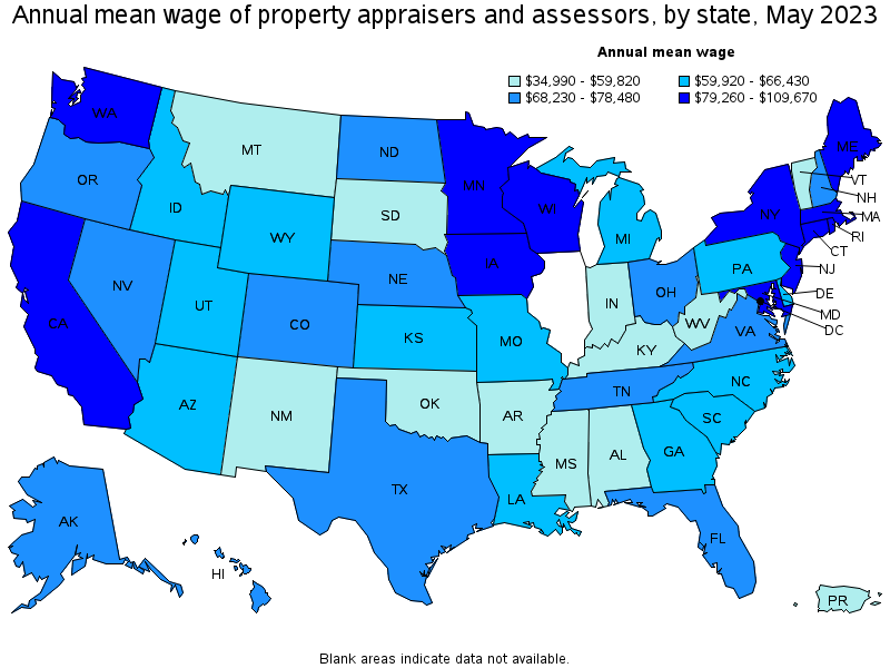 Map of annual mean wages of property appraisers and assessors by state, May 2023