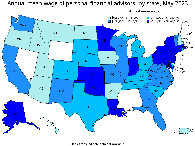 Map of annual mean wages of personal financial advisors by state, May 2023