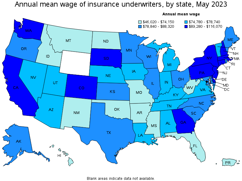 Map of annual mean wages of insurance underwriters by state, May 2023