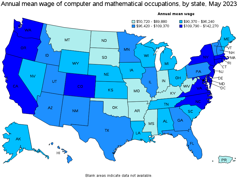 Map of annual mean wages of computer and mathematical occupations by state, May 2023