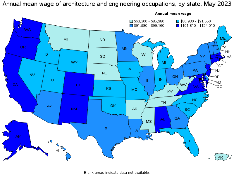 Map of annual mean wages of architecture and engineering occupations by state, May 2023
