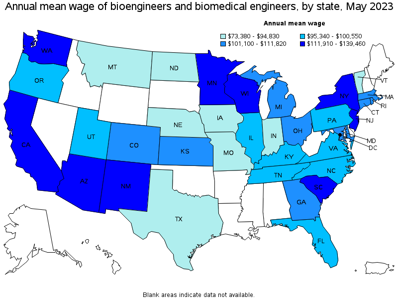 Map of annual mean wages of bioengineers and biomedical engineers by state, May 2023
